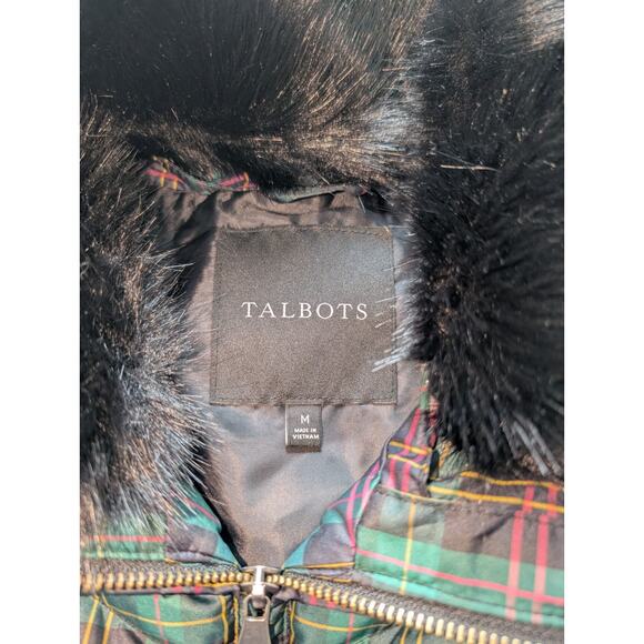 Talbots Plaid Green Pink Puffer Vest Removeable Faux Fur Collar Womens Medium - Picture 4 of 6